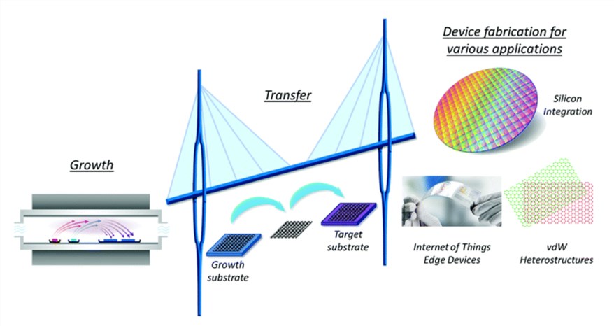 Overview of the process flow necessary for the implementation of 2D materials in commercial applications.